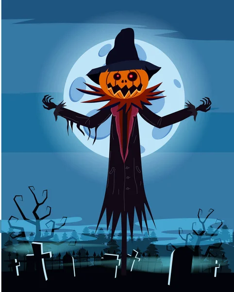 Épouvantail personnage Halloween au cimetière avec une citrouille Jack O Lantern tête en manteau déchiré. Isolé sur fond blanc style dessin animé — Image vectorielle