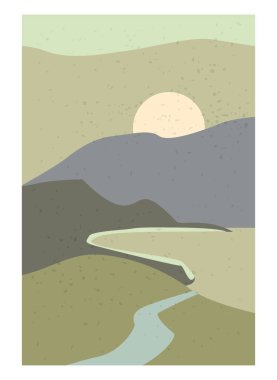 Manzara Soyut Modern Çağdaş arka plan günbatımı. Dağlar, tepeler, dalgalar. Vektör illüstrasyon trend sanat düz minimalist şablon poster dekor