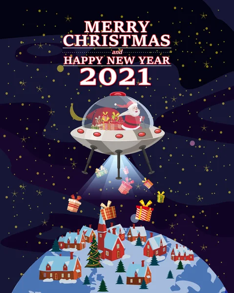 Санта Клаус Ван з текстом "Merry Chrismas" і "Happy New Year 2021" літають на космічному кораблі НЛО, доставляючи подарунки. — стоковий вектор