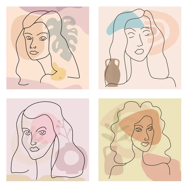Set Womans line ztvárnit v moderním minimalistickém stylu trendy. Abstraktní tvar pastelové teplé barvy, květiny, váza. Upravitelný obrys — Stockový vektor