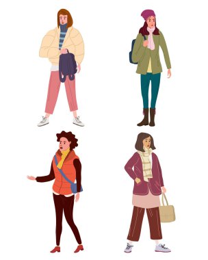 Genç kadınları sonbahar kıyafetlerine sokaktan şık giysilere sokun. Moda vektör biçimi izole edildi