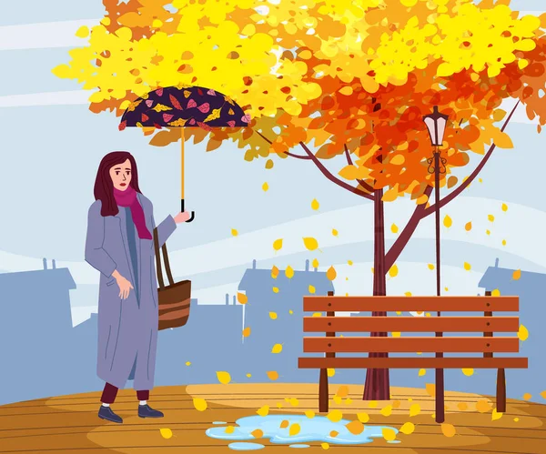 Young woman in the autumn park city with umbrella, trendy clothes street fashionable style outwear female, fall mood. Trendy vector style isolated — Stock Vector