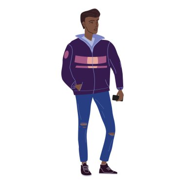 Modern sonbahar modasına uygun giyinmiş genç siyahi bir öğrenci. Moda modasına uygun sokak tarzı bir karakter. Düz çizgi film stili vektör izole çizimi