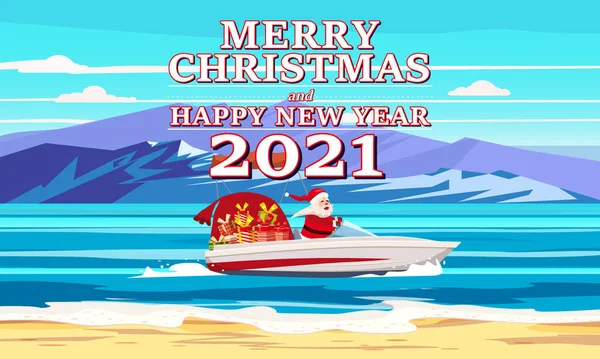 God jul jultomten på hastighet båt på havet tropiska ön palmer berg vid havet leverera frakt gåvor — Stock vektor