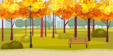 Autumn Park manzarası sarı turuncu kırmızı ağaçlar, yürüyüş bankı. Sonbahar havasında şehir manzarası. Vektör izole çizimi izole edildi