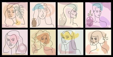 Kadın çizgisi modern minimalist stilde tasvir edilsin. Soyut şekil pastel sıcak renkler, çiçekler, vazo. Düzenlenebilir özet