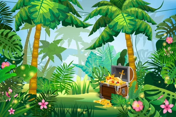 Tesoro Cassapanca pirata piena di monete d'oro gemme corona spada. giungla foresta tropicale isola palme diverse foglie di piante esotiche, fiori, liane, flora, sfondo paesaggio foresta pluviale. Per gioco di design — Vettoriale Stock