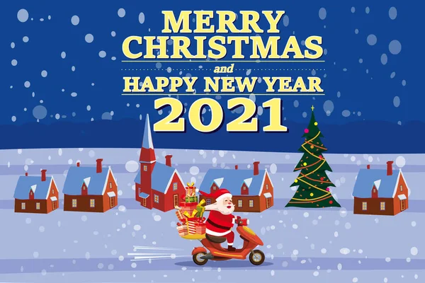 Santa Claus Van s textem Veselé Vánoce a šťastný nový rok 2021 jezdí na skútru doručující dárky na noční zimní město. Vektorová ilustrace izolovaný kreslený styl — Stockový vektor