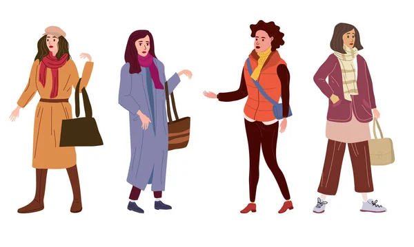 Genç kadınları sonbahar kıyafetlerine sokaktan şık giysilere sokun. Moda vektör biçimi izole edildi — Stok Vektör