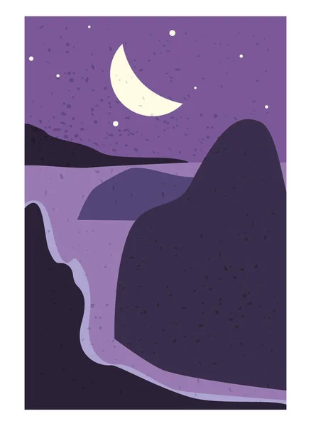 Manzara Soyut Modern Çağdaş arka plan gece ayı. Dağlar, tepeler, dalgalar. Vektör illüstrasyon trend sanat düz minimalist şablon poster dekor — Stok Vektör