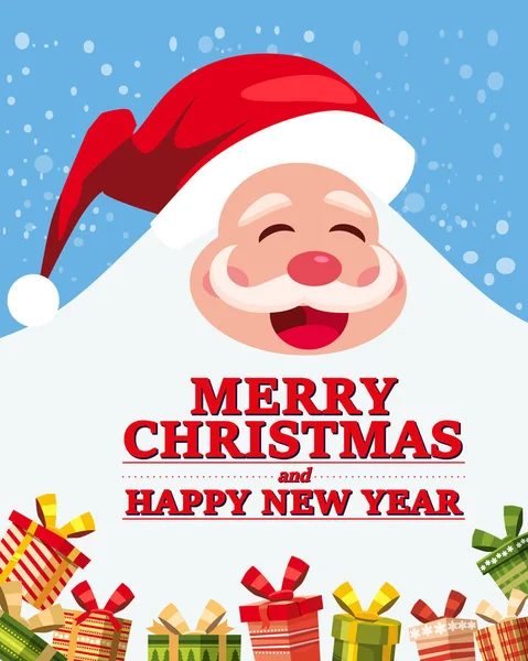 Santa Claus big and funny smiling with gifts boxes. Greeting card Merry Christmas and Happy New Year poster banner vector illustration isolated cartoon style — Stock Vector