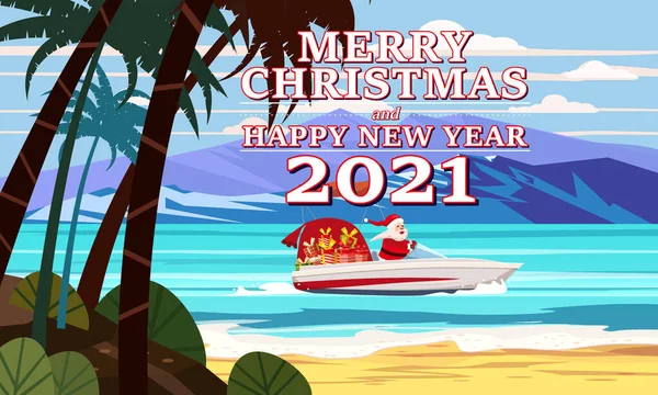 Merry Christmas Santa Claus on speed boat on ocean sea tropical island palms mountains seaside delivering shipping gifts — Stock Vector