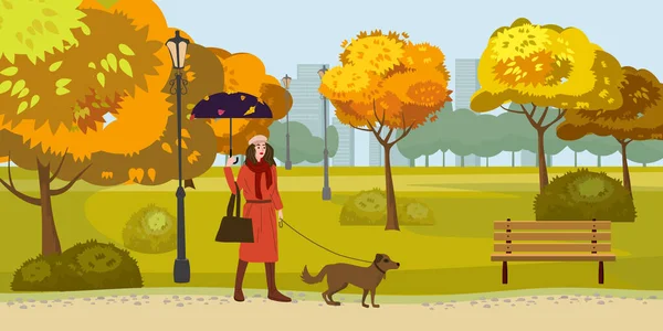 Autumn Park Fiatal nő sétál a kutya, sárga narancs vörös lombozat fák, sétány pad. Őszi hangulatú kültéri városkép. Elszigetelt kórokozó-átvivő — Stock Vector