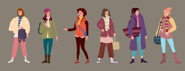 Set de mujeres jóvenes en ropa de otoño de moda calle ropa de moda de estilo femenino. Estilo de vector de moda aislado — Archivo Imágenes Vectoriales