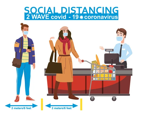 Supermercato sociale distanza negozio cassiere contatore e acquirenti in maschere mediche, con carrello e cesto di cibo. Quarantena coronavirus 2019-nCoV 2 onda nel negozio precauzioni epidemia. Stile cartone animato — Vettoriale Stock