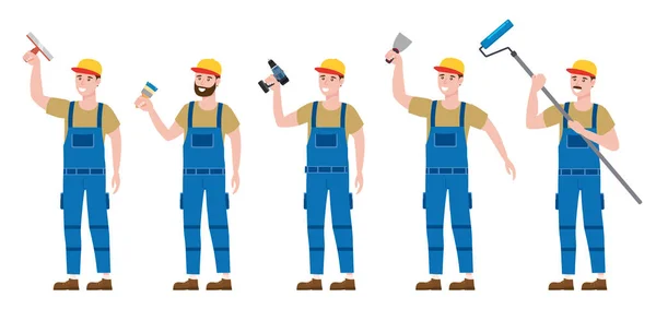 Set Construction workers with cordless screwdriver, brush, plastering trowel tool, rollerbrush in workwear. Craftsman character vector isolated — Stock Vector