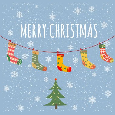 Noel çorapları asılıydı, farklı tasarımı vardı. Geleneksel klasik dekorasyon kar taneleri arka plan, bayrak, illüstrasyon, vektör, kart, poster, afiş