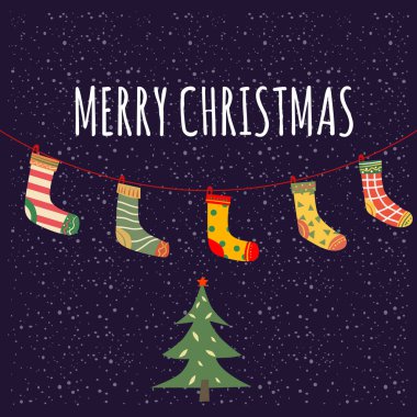 Noel çorapları asılıydı, farklı tasarımı vardı. Geleneksel klasik dekorasyon kar taneleri arka plan, bayrak, illüstrasyon, vektör, kart, poster, afiş