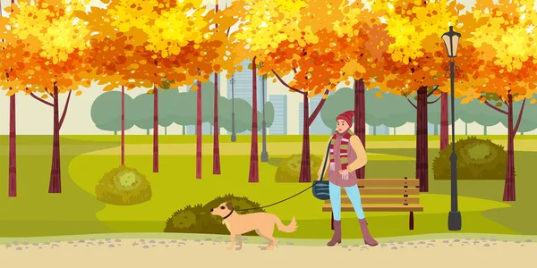 Autumn Park nő sétál a kutya, sárga narancs piros lombozat fák, sétány pad. Őszi hangulatú kültéri városkép. Elszigetelt kórokozó-átvivő — Stock Vector