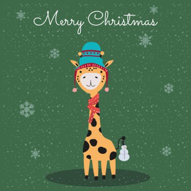 Fularlı, şapkalı ve oyuncak kartlı Mutlu Noeller şirin zürafa. El çizimi karakter çizimi vektörü izole poster pankartı