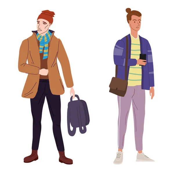 Couple Young mans students in modern autumn trendy clothes. Fashion casual outerwear street style characters. Flat cartoon style vector isolated illustration — Stock Vector