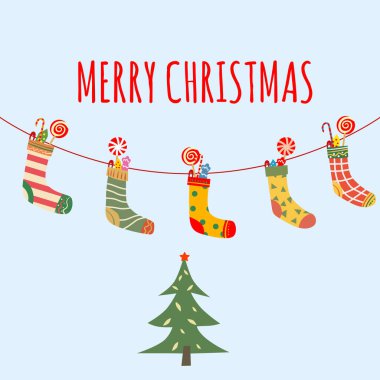 Noel çorapları ve şeker asma, farklı tasarım. Geleneksel klasik dekorasyon kar taneleri arka plan, bayrak, illüstrasyon, vektör, kart, poster, afiş