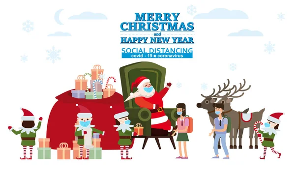 Boldog Karácsonyt és Boldog Új Évet Mikulás az ő elf segítők és szarvasok ad ajándékokat a gyerekeknek a lakóhelyén. A COVID 2019 világjárvány körülményei között orvosi maszkokban, társadalmi távolságtartás — Stock Vector