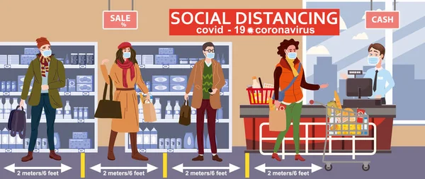 Σούπερ μάρκετ κοινωνική απόσταση κατάστημα counter ταμείο και πλήθος αγοραστές σε ιατρικές μάσκες, με καλάθι και καλάθι των τροφίμων. Κύμα καραντίνας coronavirus 2019-nCoV 2 στο κατάστημα προφυλάξεις επιδημίας. Γελοιογραφία — Διανυσματικό Αρχείο