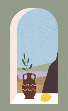 Manzarası, durgun hayatı, vazosu, frizbisi olan eski pencereyi aç. Deniz ve okyanus dağları. Minimum modern boho tarzı. Vektör illüstrasyonu izole edildi