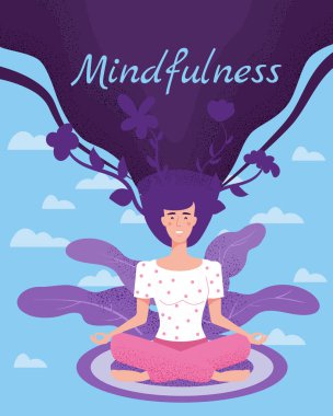 Farkındalık yoga meditasyonu yapan kadın lotus pozisyonunda oturup meditasyon yapıyor. Zihinsel sakinlik ve öz bilinç kavramı. Vektör çizimi izole edildi