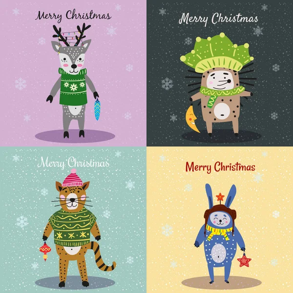 크리스마스 동물 카드 세트귀여운 고양이, 고슴도치 사슴, 토끼. 손으로 그린 소장품 비유 벡터 분리 — 스톡 벡터