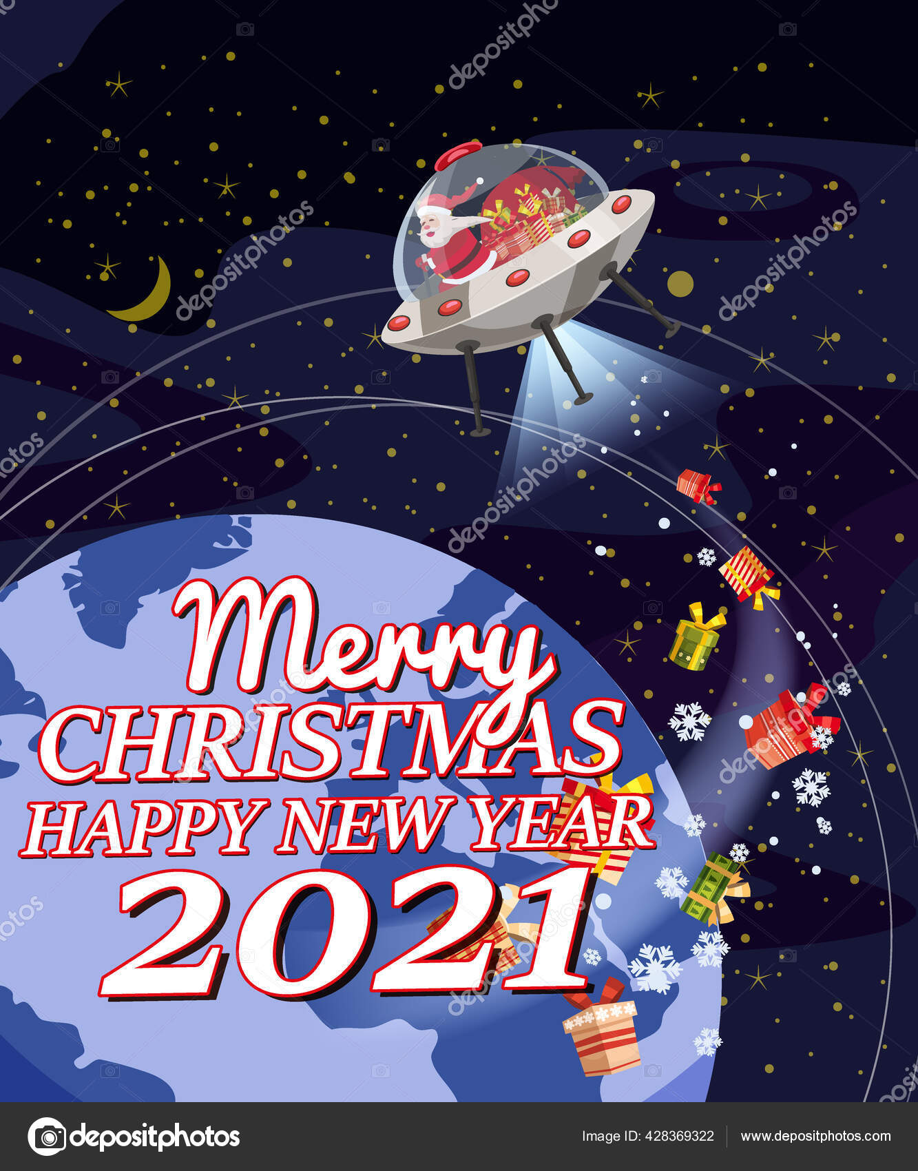 Santa Claus Van with text Merry Chrismas and Happy New Year 2021
