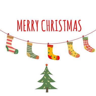 Noel çorapları asılıydı, farklı tasarımı vardı. Geleneksel klasik dekorasyon kar taneleri arka plan, bayrak, illüstrasyon, vektör, kart, poster, afiş