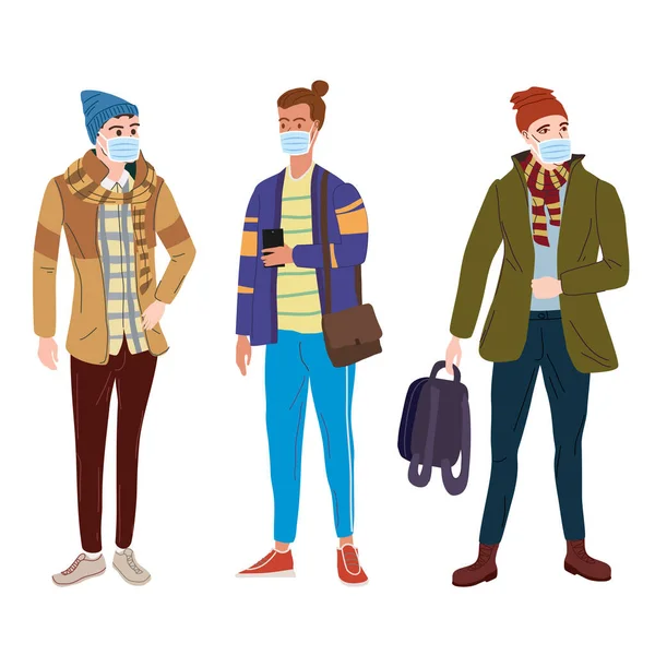 Set Young mans students in modern autumn trendy clothes. In medical mask, individual protection from viruses, smog, vapor. Fashion casual outerwear street style character. Flat cartoon style vector — Stock Vector