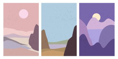 Manzaraları Soyut Modern Çağdaş arka plan günbatımı deniz okyanusunu ayarla. Dağlar, tepeler, dalgalar. Vektör illüstrasyon trend sanat düz minimalist şablon poster dekor