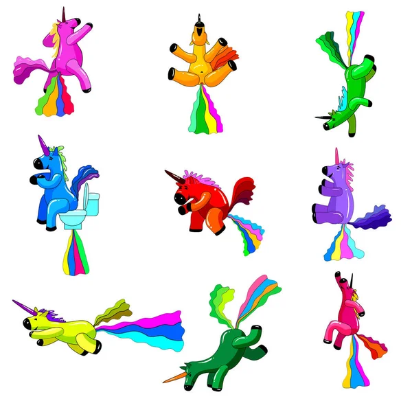 Set Unicorns smiling pooping a rainbow, fantasy cute character beast multicolored shit turd. Vector illustration isolated cartoon style — Stock Vector