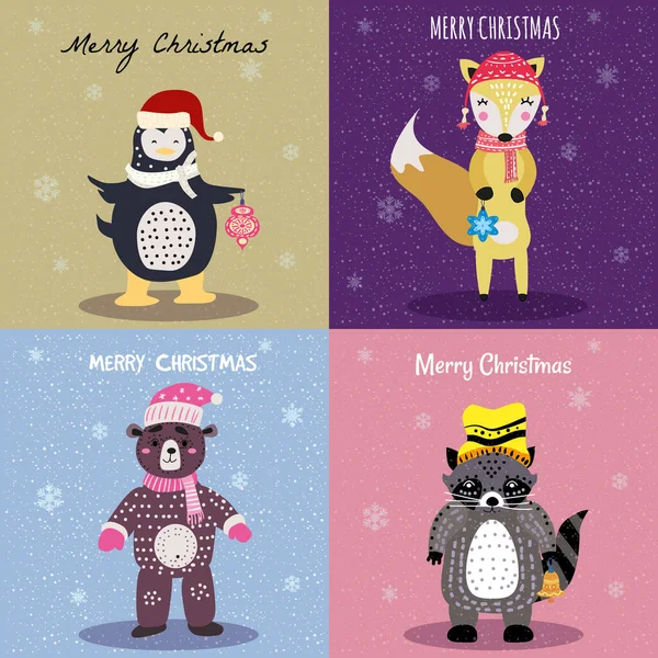 크리스마스 동물 카드귀여운 여우, 곰, 너구리, 펭귄. 손으로 그린 소장품 비유 벡터 분리 — 스톡 벡터