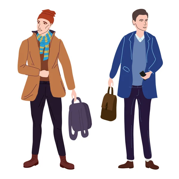 Casal Jovens homens estudantes no outono moderno roupas da moda. Moda casual outerwear personagens de estilo de rua. Desenhos animados plano estilo vetor isolado ilustração — Vetor de Stock