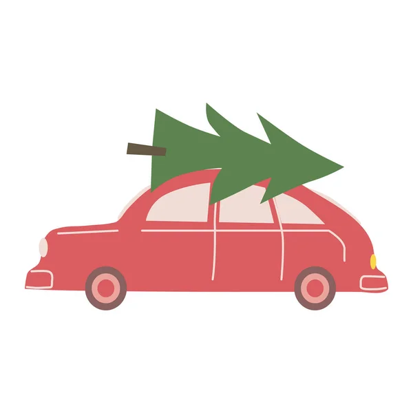 Retro-Spielzeugauto mit Weihnachtsbaum Vektor isoliert vintage Illustration trendige flache Cartoon-Stil — Stockvektor