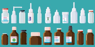 Eczane tıbbi seti şişeleri, kavanozlar, tüpler, spreyler, kapaklı damlalar. Cam, plastik. İlaçlar, vitamin, antibiyotik, aşı. Şablon modelleme paketleme tasarımı. Vektör, izole, illüstrasyon çizgi filmi