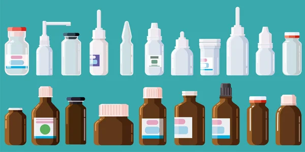 Apotheek medische set flessen, potten, buizen, sprays, druppels met dopjes. Glas, plastic. Drugs, vitamine, antibiotica, vaccin. Template model verpakking ontwerp. Vector, geïsoleerd, illustratie cartoon — Stockvector