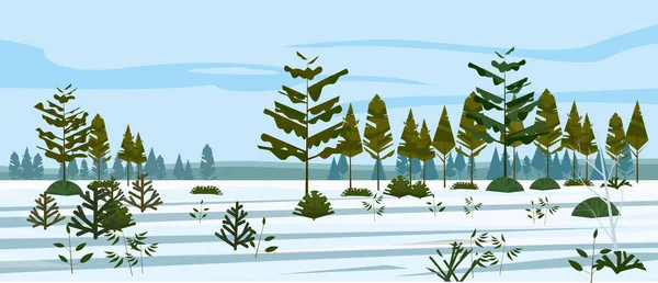 Vinteräng och skogslandskap natur, grantallar, gräs och buskar, snö. Panorama-landskapet. Vektor illustration banner affisch mall trendig stil — Stock vektor