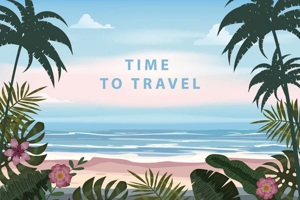 Tiempo para viajar Cartel de vacaciones de verano Retro. Seascape beach palms seachore tropical ocean, vector, illustration vintage banner — Archivo Imágenes Vectoriales