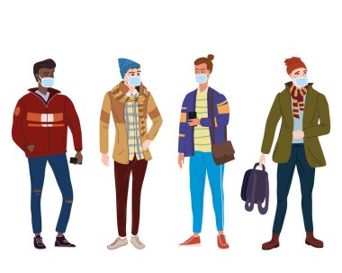 Genç adam öğrencilerine modern sonbahar modası kıyafetleri giydirin. Tıbbi maskede, virüslere karşı bireysel koruma, duman, buhar. Moda modasına uygun sokak tarzı bir karakter. Düz çizgi film biçimi vektörü