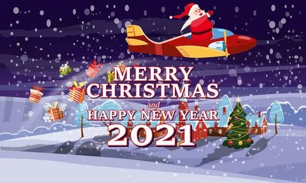 Papai Noel Van com texto Feliz Natal e Feliz Ano Novo 2021 voando em avião na cidade de inverno noite entregando presentes de transporte — Vetor de Stock