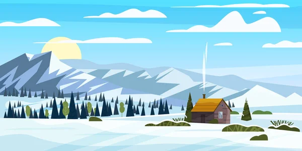 Invierno montañas paisaje de nieve panorama, pinos comieron, colinas edificio solitario, campo. Tarjeta de ilustración vectorial, póster, plantilla de banner — Vector de stock