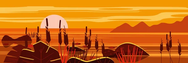 Prachtig landschap Zonsondergang zee, meer, stenen, riet, flora, bergen. Vector illustratie, trendy cartoon stijl, poster, banner — Stockvector