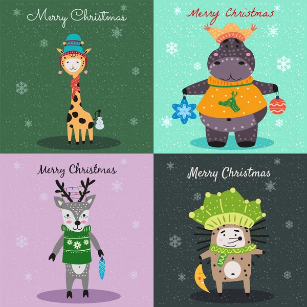 크리스마스 동물 카드귀여운 하마, 고슴도치 사슴, 기린. 손으로 그린 소장품 비유 벡터 분리 — 스톡 벡터