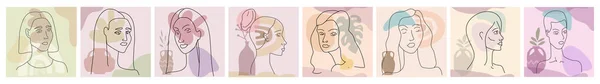 Set Womans line portrate im modernen minimalistischen Stil trendy. Abstrakte Form pastellfarbene warme Farben, Blumen, Vase. Bearbeitbare Skizze — Stockvektor