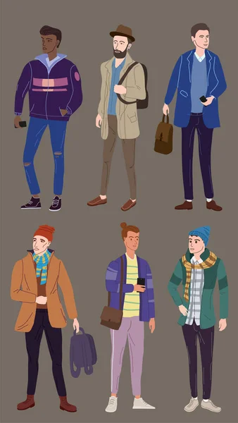 stock vector Set Young mans students in modern autumn trendy clothes. Fashion casual outerwear street style characters. Flat cartoon style vector isolated illustration